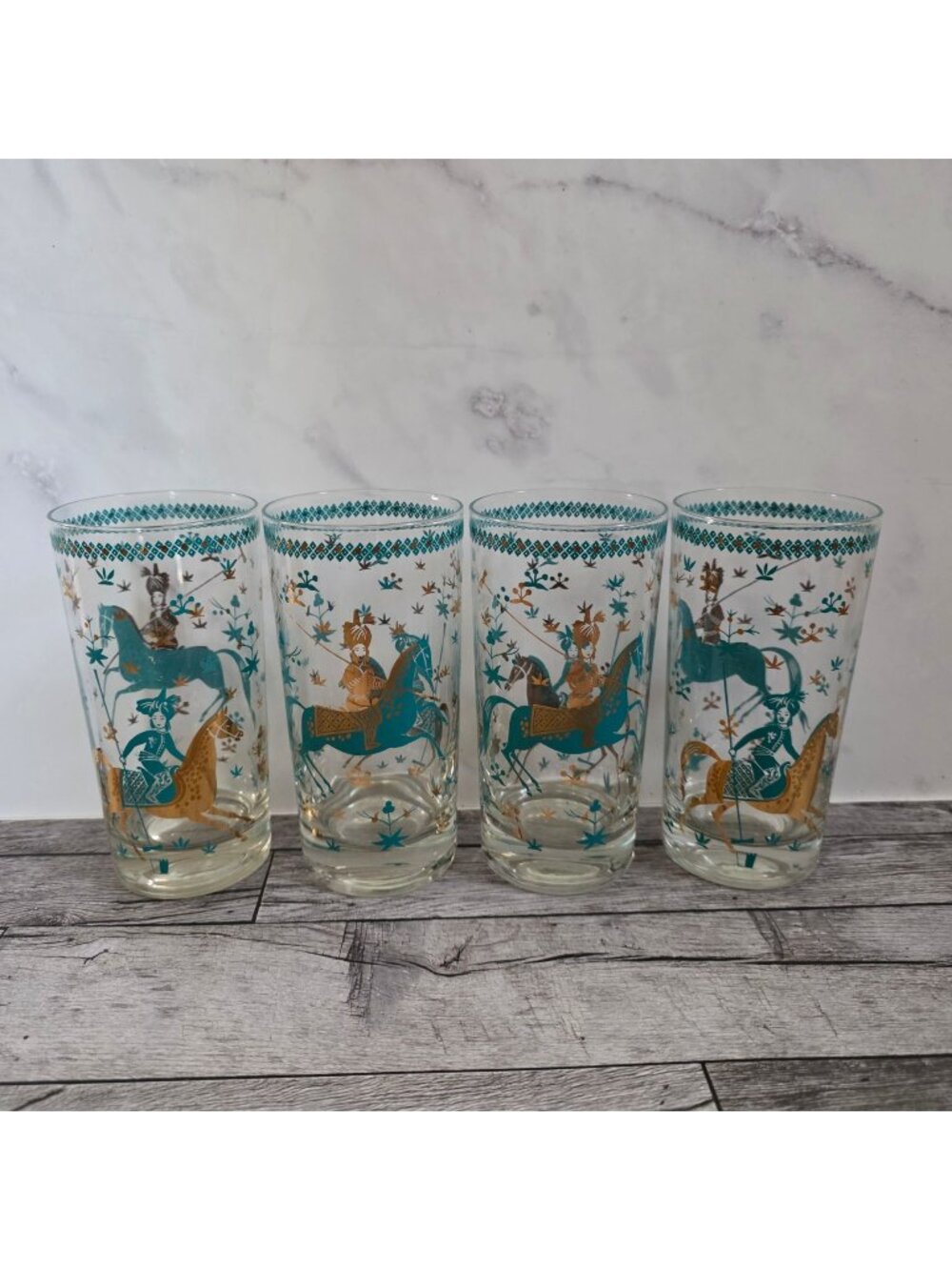 Set Of 4 Vintage Tall Glasses Medieval Knight Horse Design - Gold & Teal Accents